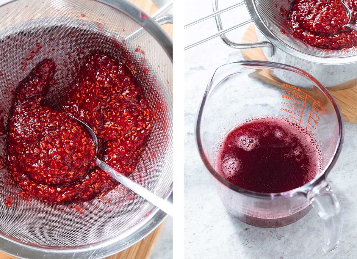 Raspberry syrup being strained through a fine mesh strainer into a large measuring glass.