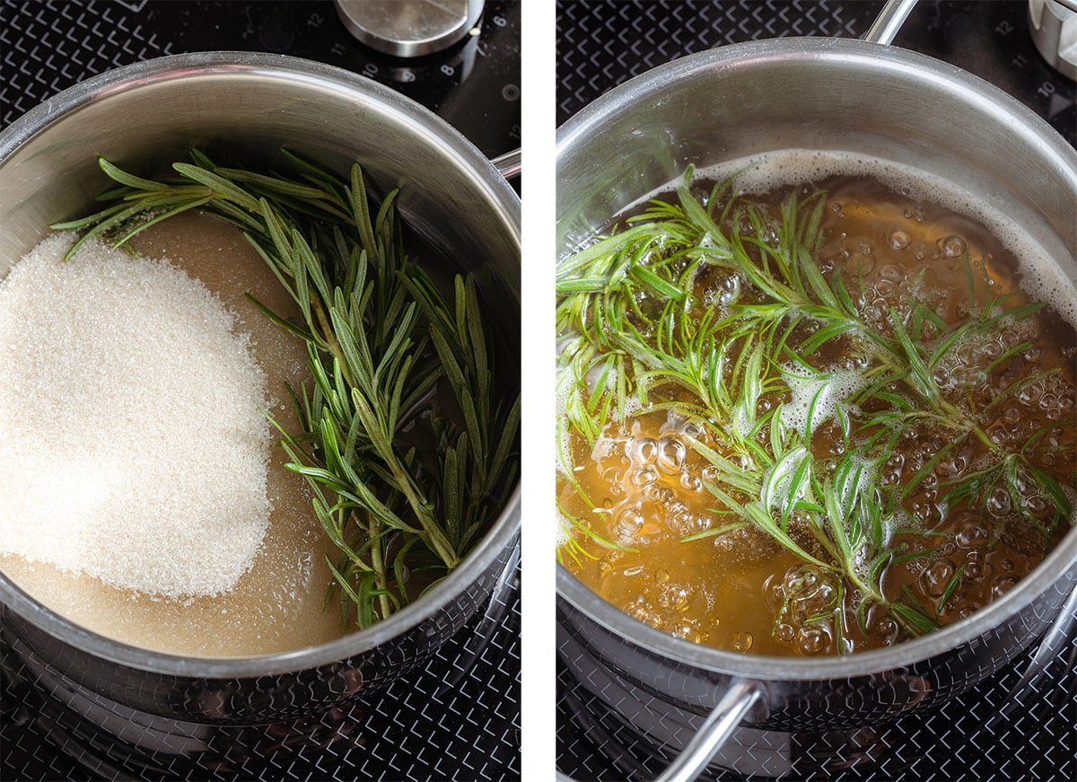 Syrup of cane sugar, water, and fresh rosemary simmering in a medium pot on the stove.