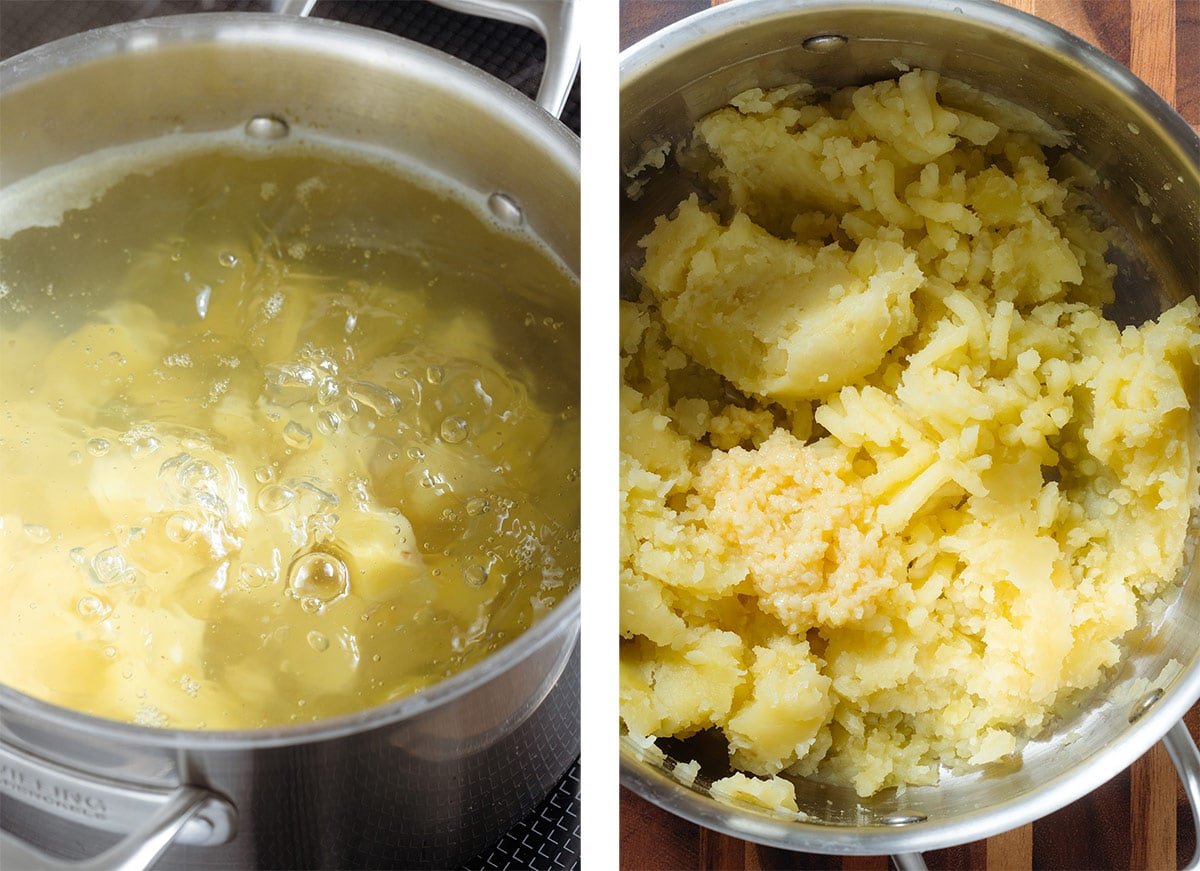 A collage of two photos, one has a pot of potatoes boiling in water, the other has mashed potatoes before adding any milk.