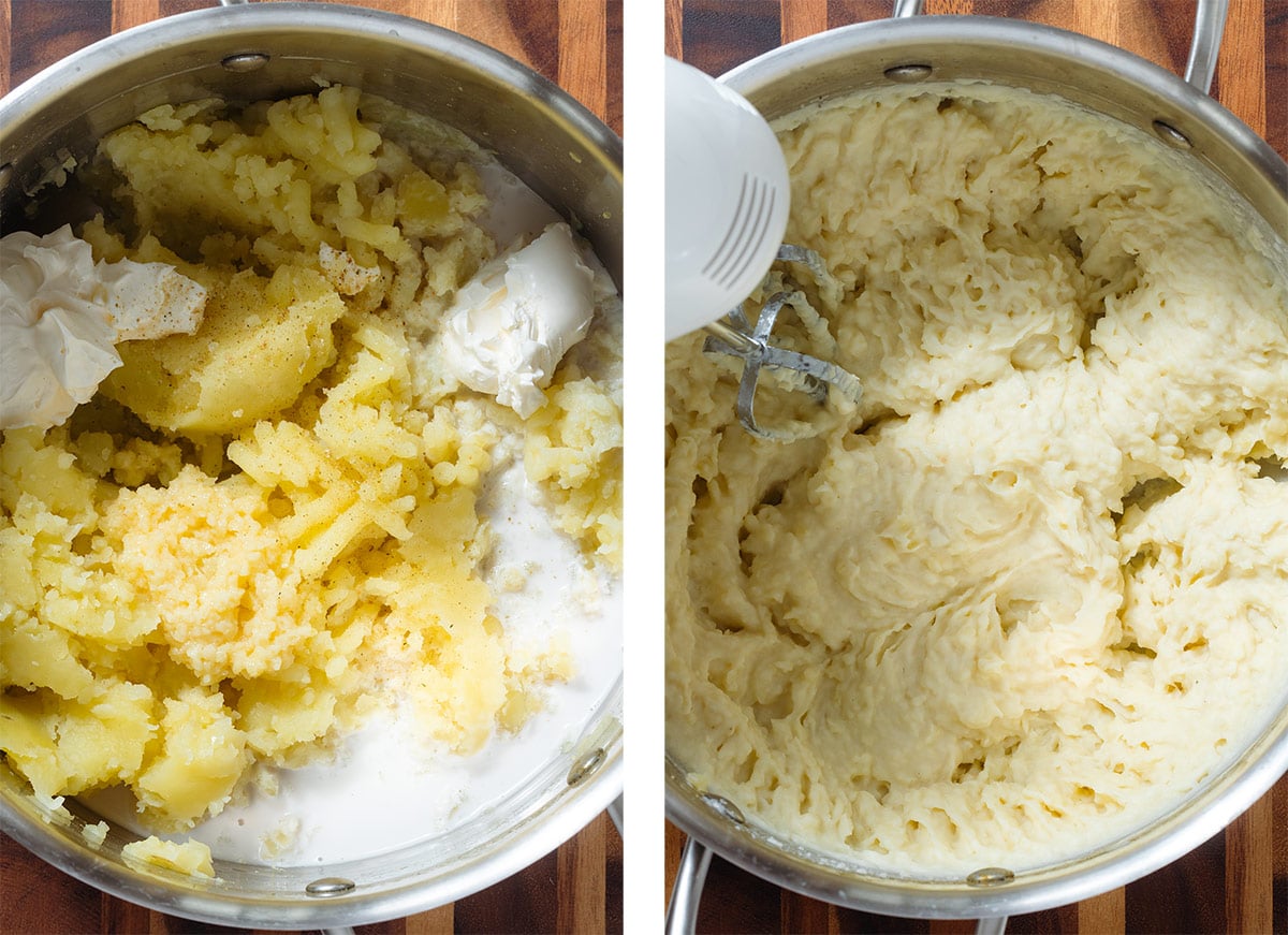 On the left there are mashed potatoes with added milk and creme fraiche and on the left the ingredients are being mixed with a handheld mixer.
