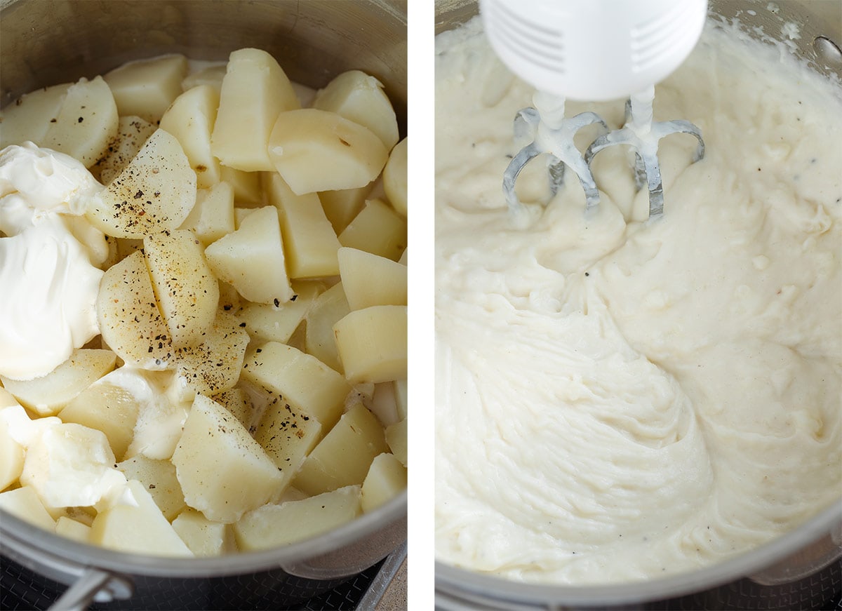 Cooked potatoes with creme fraiche, salt, and pepper in a large pot on the left and it being blended into mashed potatoes with a handheld mixer on the right.