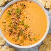 Bright orange dip in a beige bowl garnished with toasted pine nuts, spring onion, and ground sumac, with round crackers around the bowl.