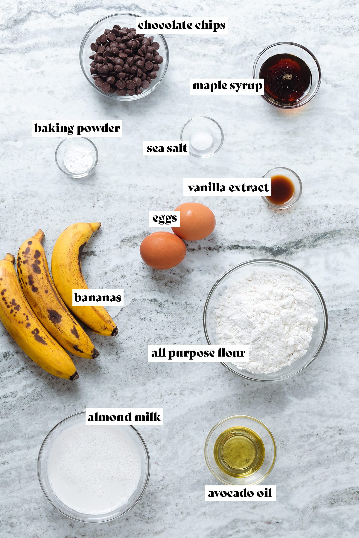 Ingredients for banana chocolate chip pancakes like bananas, flour, milk, eggs, and vanilla extract laid out on a grey stone background with text overlay.