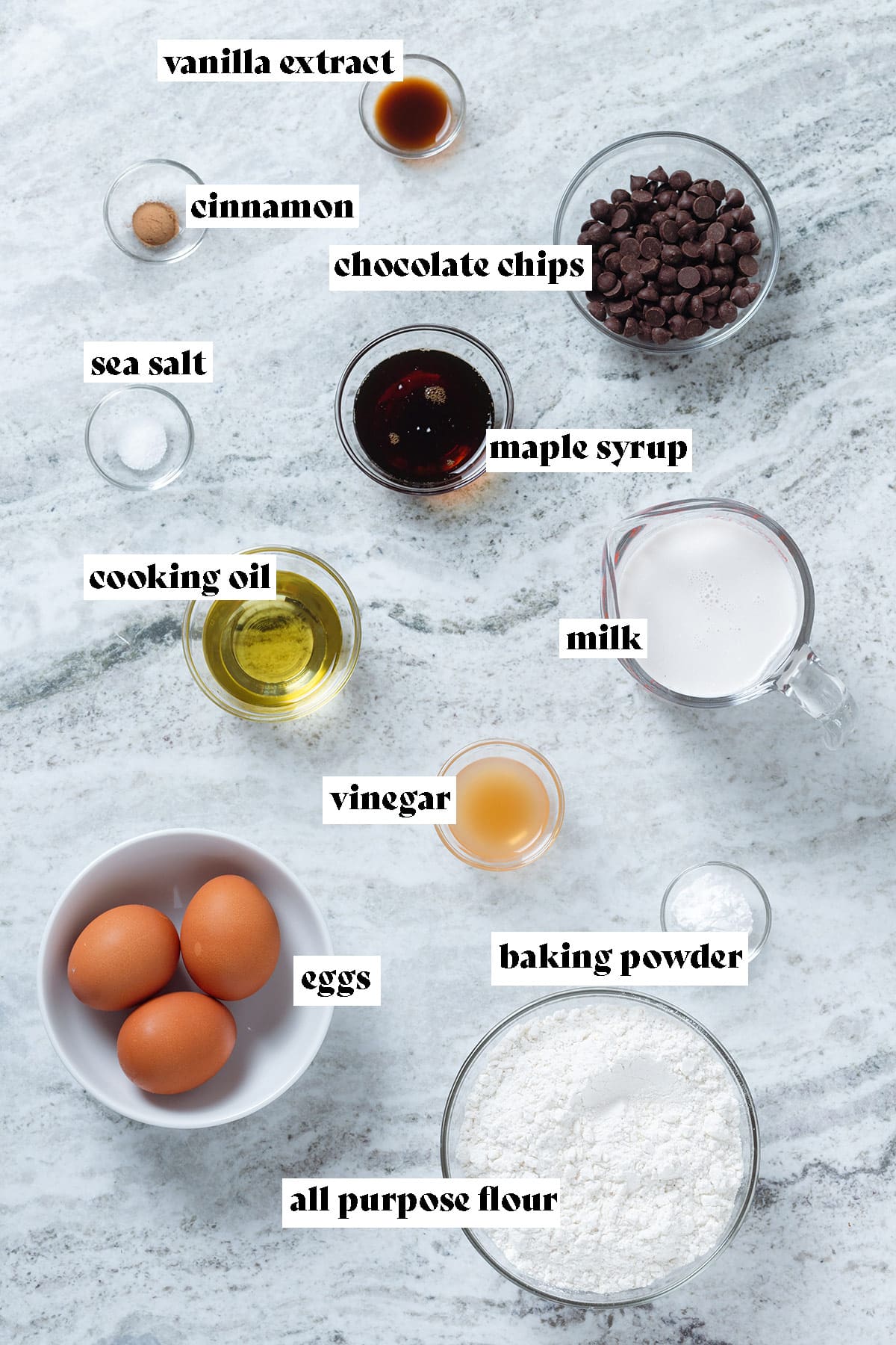 Ingredients for chocolate chip waffles like flour, eggs, milk, and chocolate chips laid out on a grey stone background with text overlay.