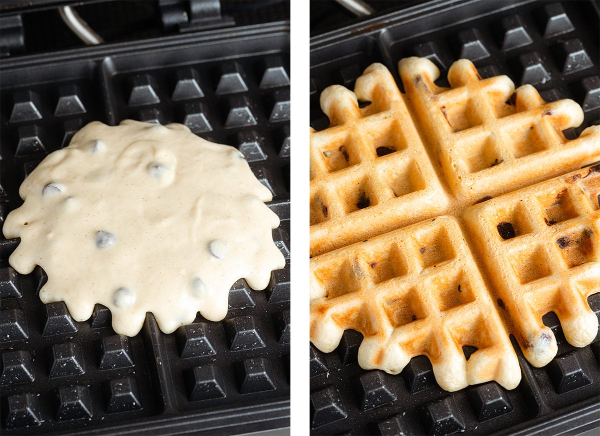 Chocolate chip waffles cooking in a waffle iron before and after they're cooked.