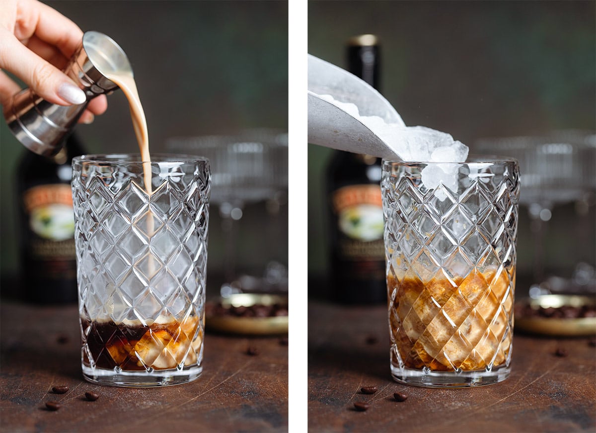 Baileys and ice being added into a glass cocktails shaker with espresso.