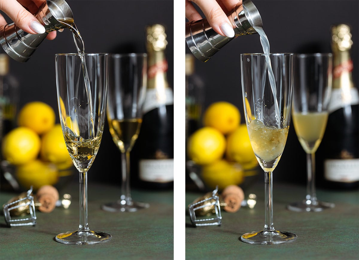 A tall champagne flute being filled with elderflower liqueur and lemon juice.