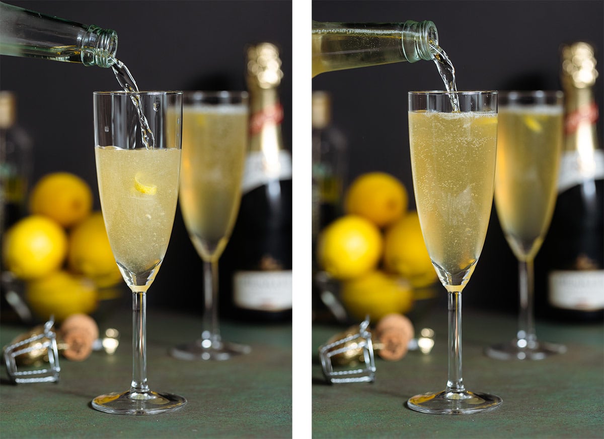 Champagne being poured into a tall Champagne flute with lemon juice and elderflower liqueur.