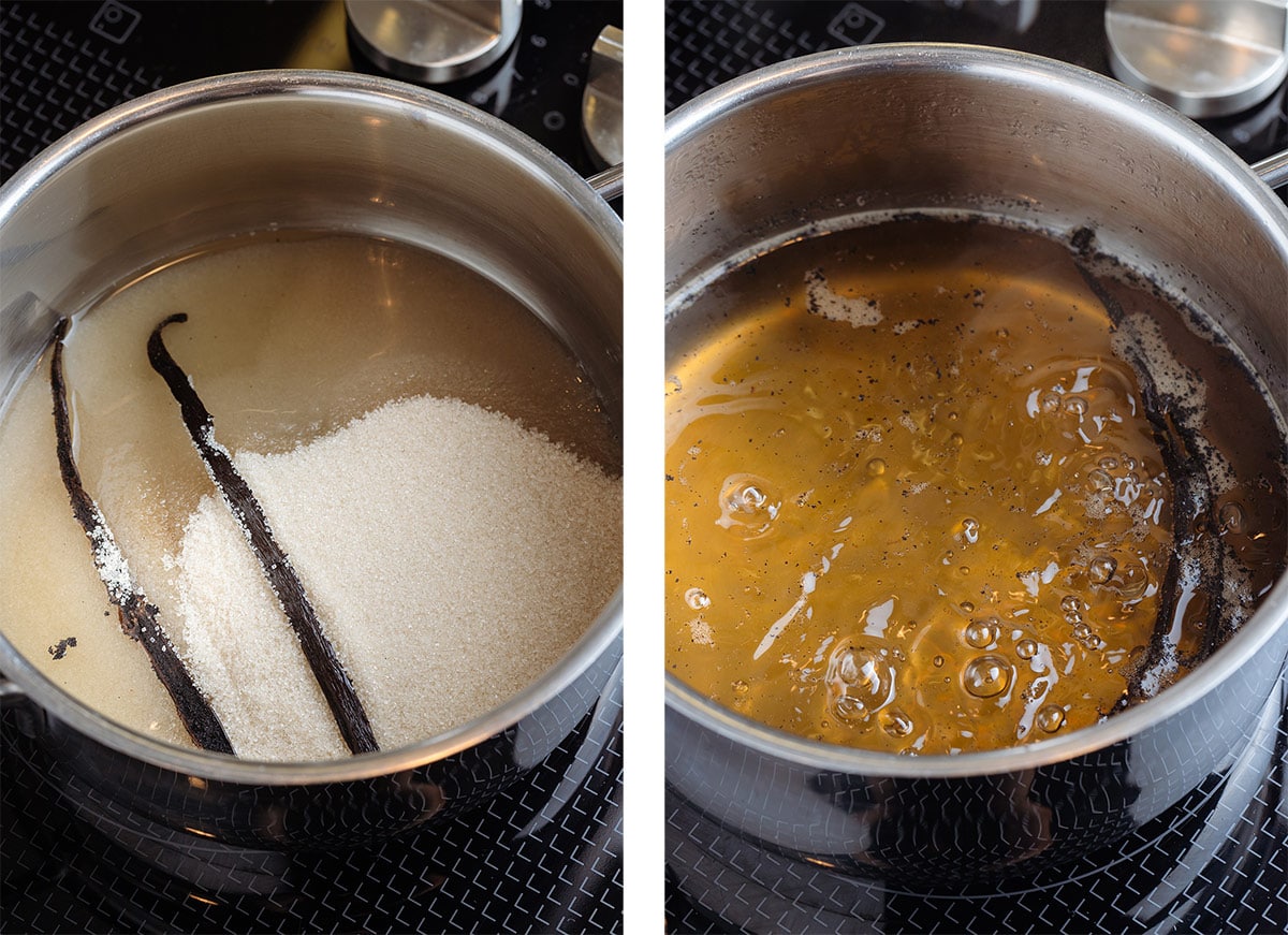 A medium saucepan with water, sugar, and a whole vanilla bean simmering into syrup on the stove.