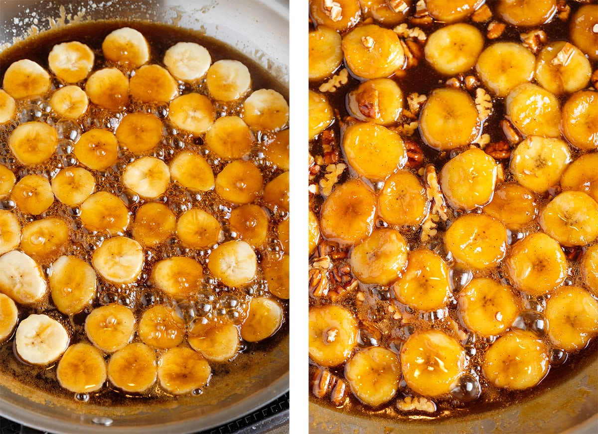 Bananas and pecans simmering with caramel sauce in a large stainless steel pan.