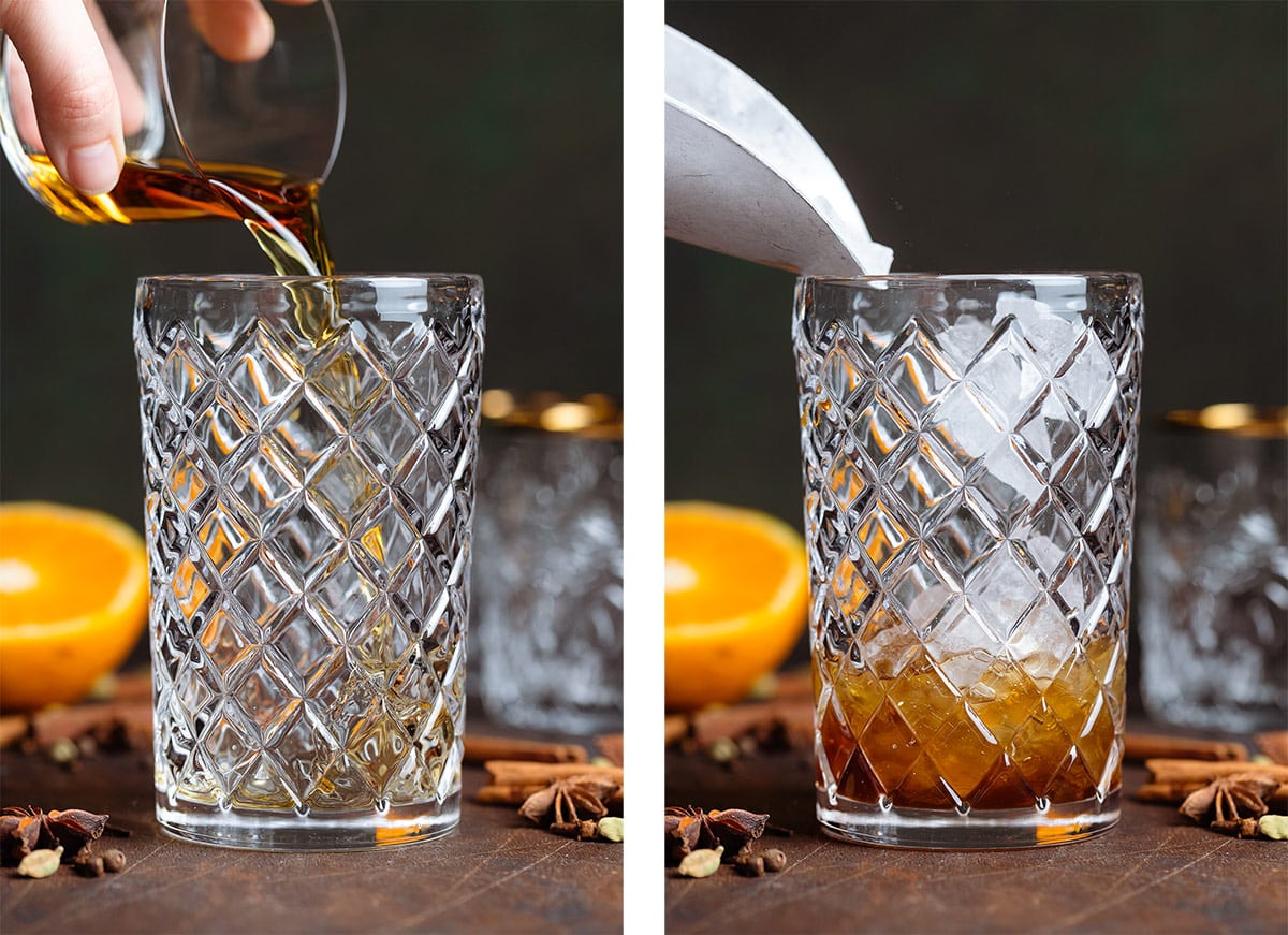 Bourbon and ice being added to a glass cocktail shaker.