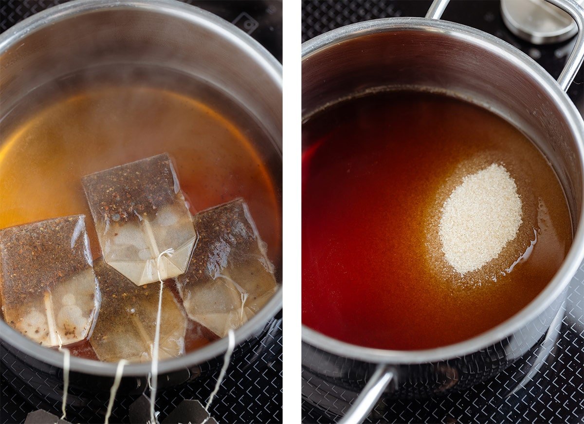 Chai tea steeping in a small pot on the left and cane sugar being added to it on the right.