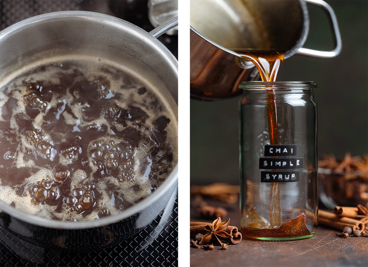 Dark chai syrup simmering in a pot on the stove and it being poured into a glass jar.