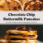 A stack of chocolate chip pancakes topped with chocolate chips and drizzled with maple syrup on a small white plate.