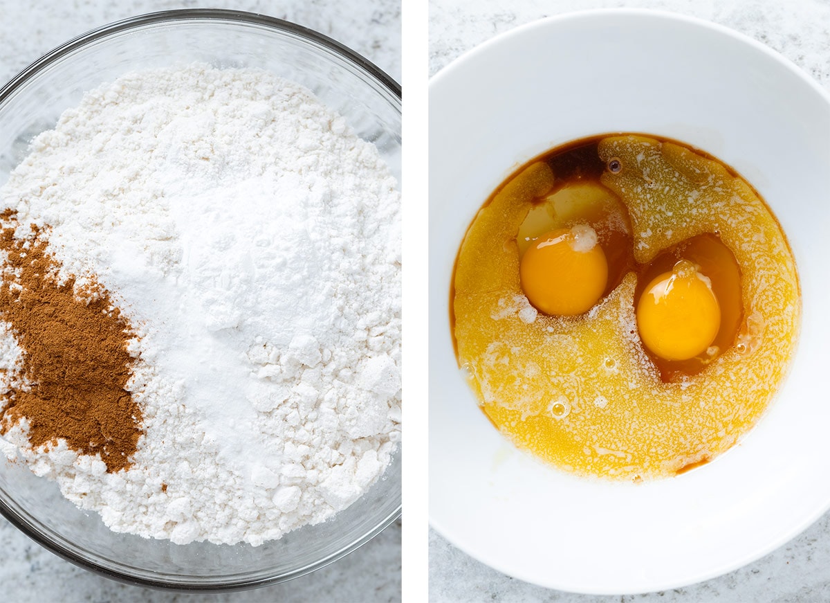 Dry ingredients in a large glass bowl on the left and a white bowl with eggs, butter, and maple ingredients on the right.
