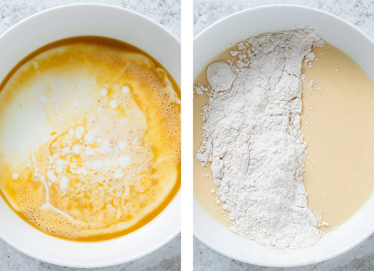 Wet ingredients in a white bowl on the left and flour being added on the right.