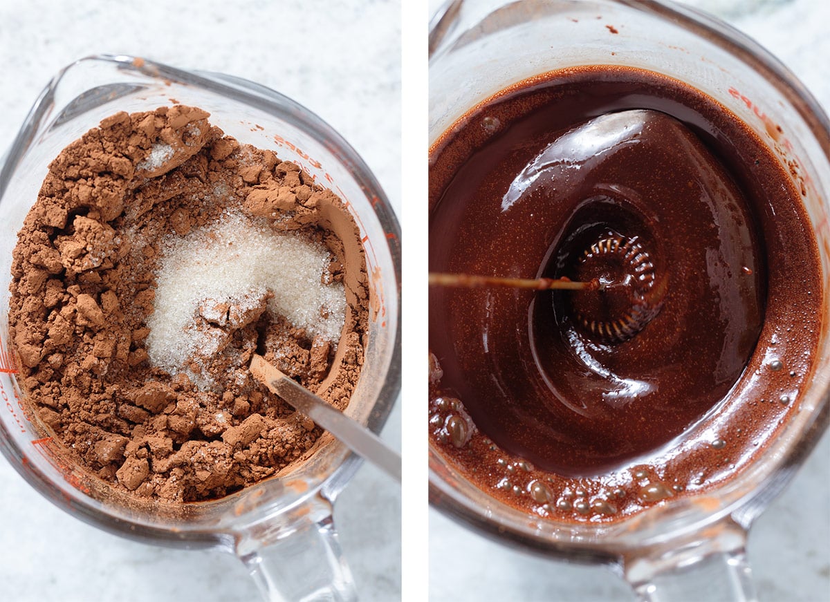 Cacao powder and cane sugar in a glass measuring cup on the left and the two being mixed with hot water into a syrup on the right.