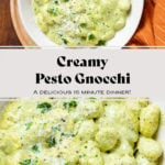Creamy green pesto gnocchi in a low bowl garnished with fresh parsley, lemon zest, pecorino, and black pepper.