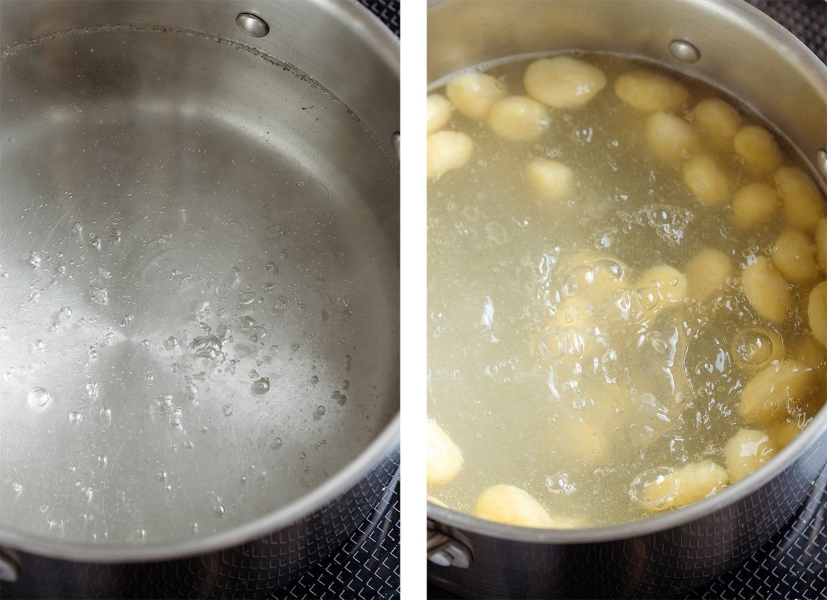 Gnocchi cooking in a large pot with water.