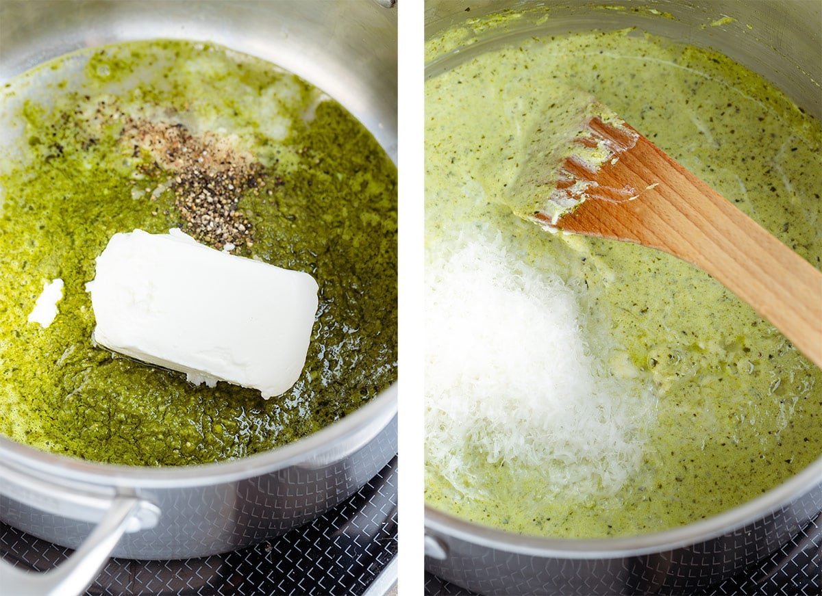 A large pot with pesto, goat cheese, pecorino, and spices being mixed into a sauce.