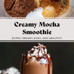 A dark brown mocha smoothie in a tall glass garnished with whipped cream and chocolate sauce on a dark wooden background.