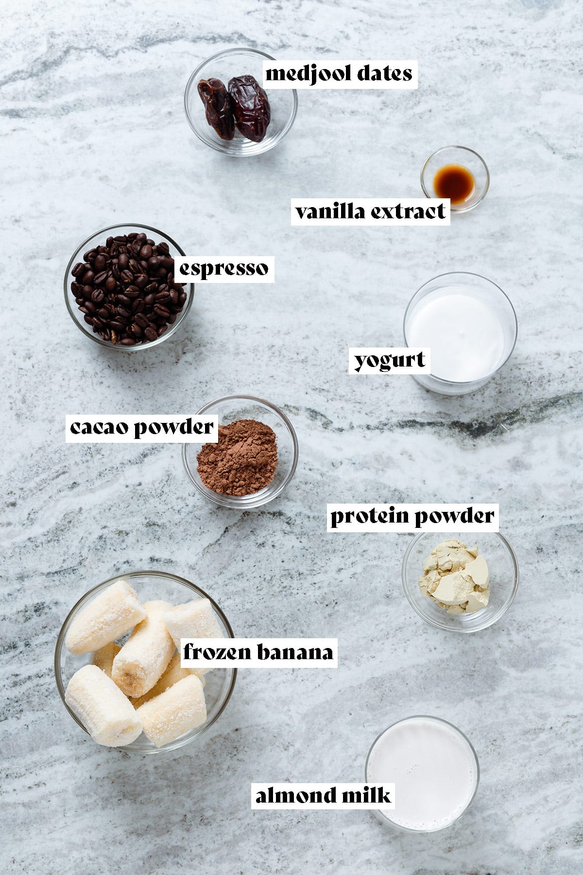 Frozen bananas, cacao, coffee beans, and other mocha smoothie ingredients laid out on a grey stone background with text overlay.