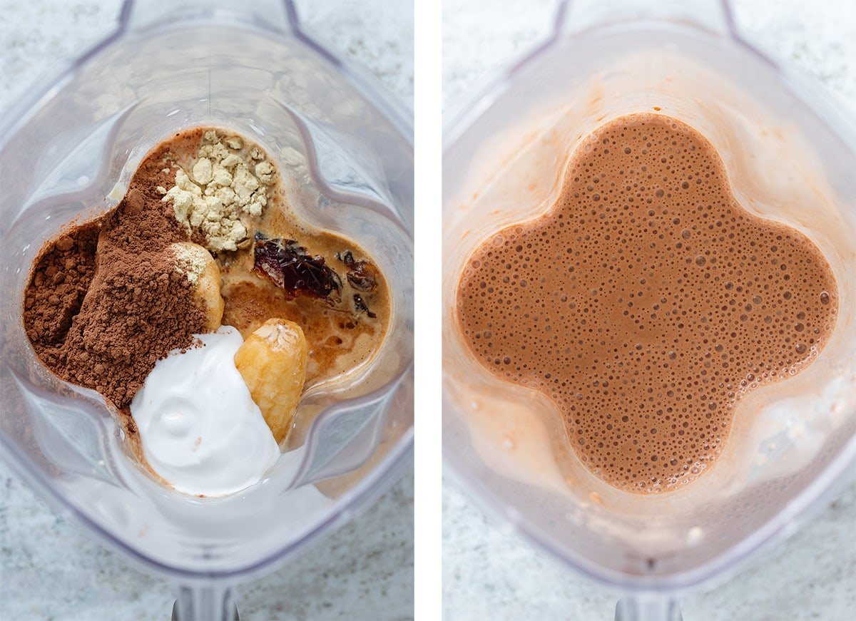 A high speed blender with mocha smoothie ingredients before and after blending.