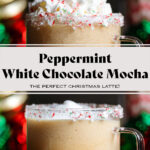 White chocolate mocha in a glass mug with whipped cream on top being sprinkled with crushed candy canes with more whole candy canes and Christmas ornaments in the background.