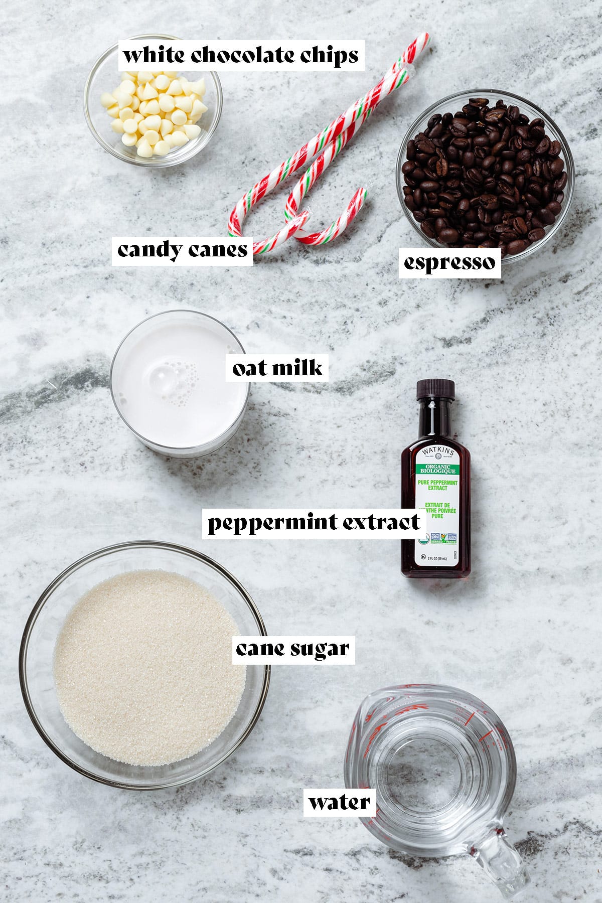 Coffee beans, peppermint extract, cane sugar, water, milk. and white chocolate chips all measured in bowls and laid out on a grey stone background with text overlay.