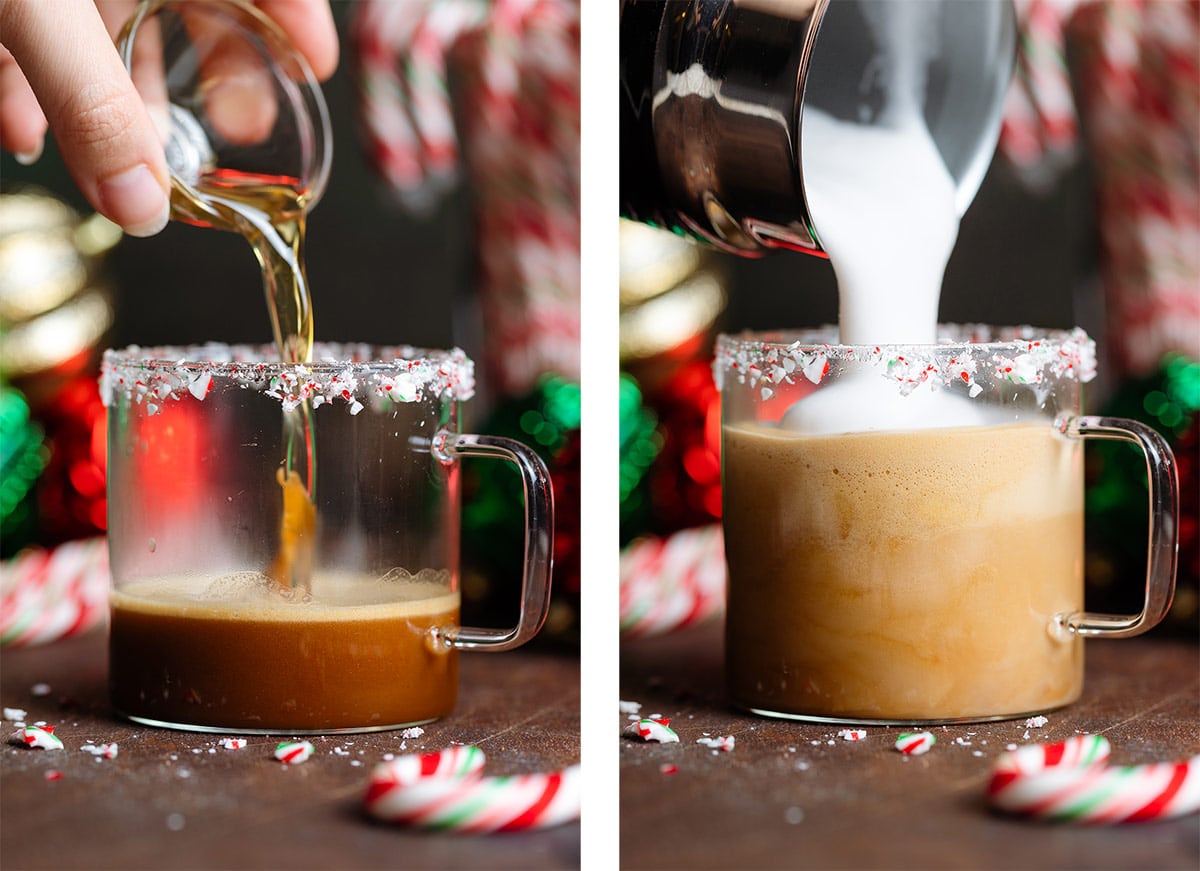Peppermint syrup and frothy milk being poured into a glass mug with espresso.