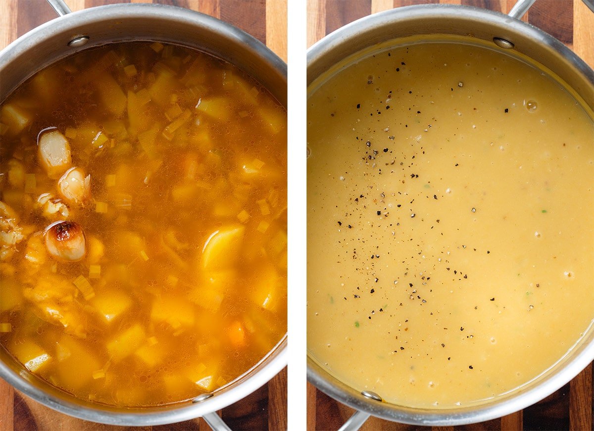 Potato soup in a large pot before and after blending.