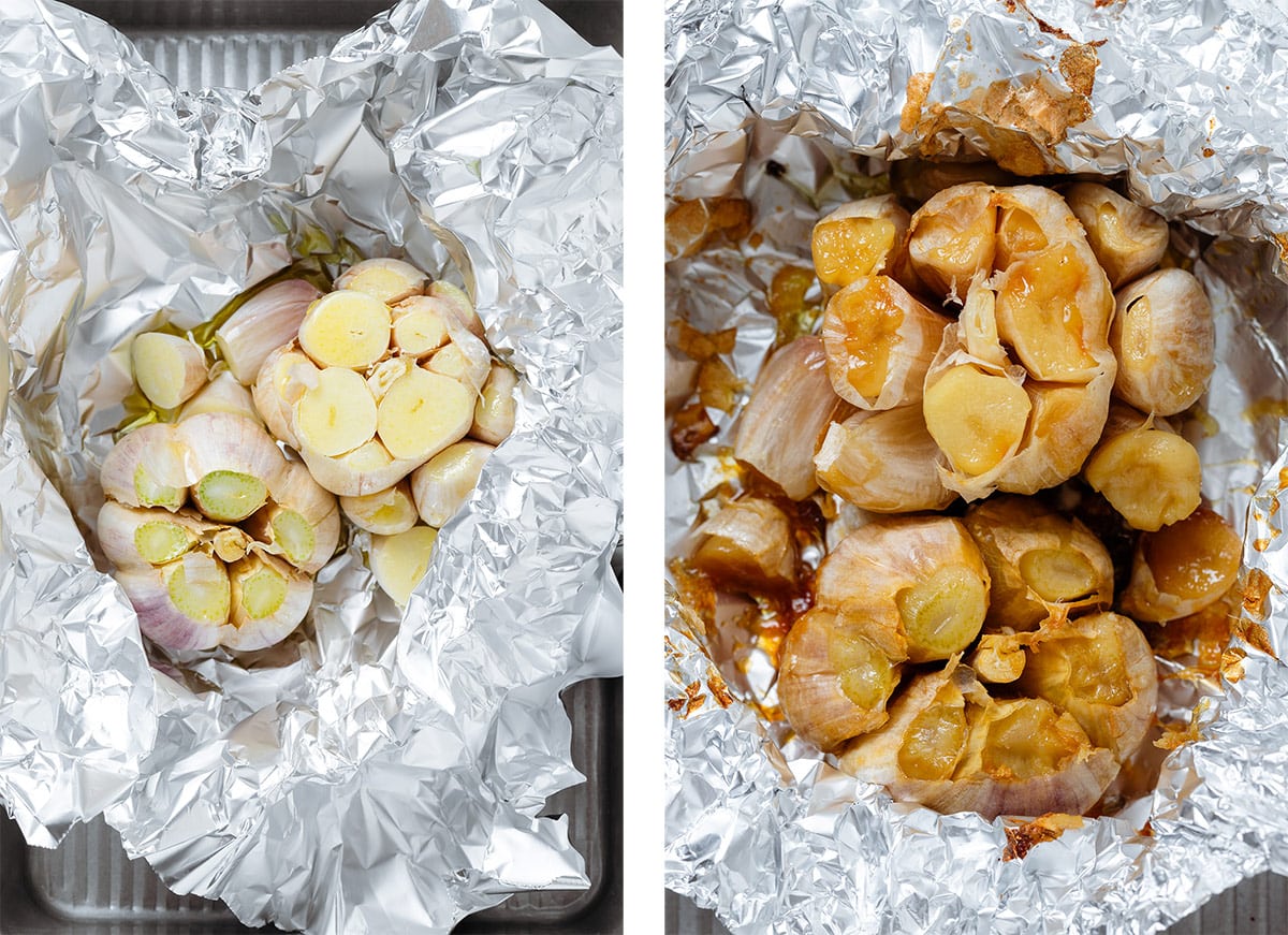 Two garlic bulbs with the tops cut off wrapped in foil before and after roasting.