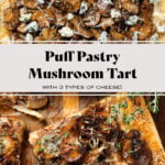Baked puff pastry mushroom tart sliced into squares on a wooden cutting board.