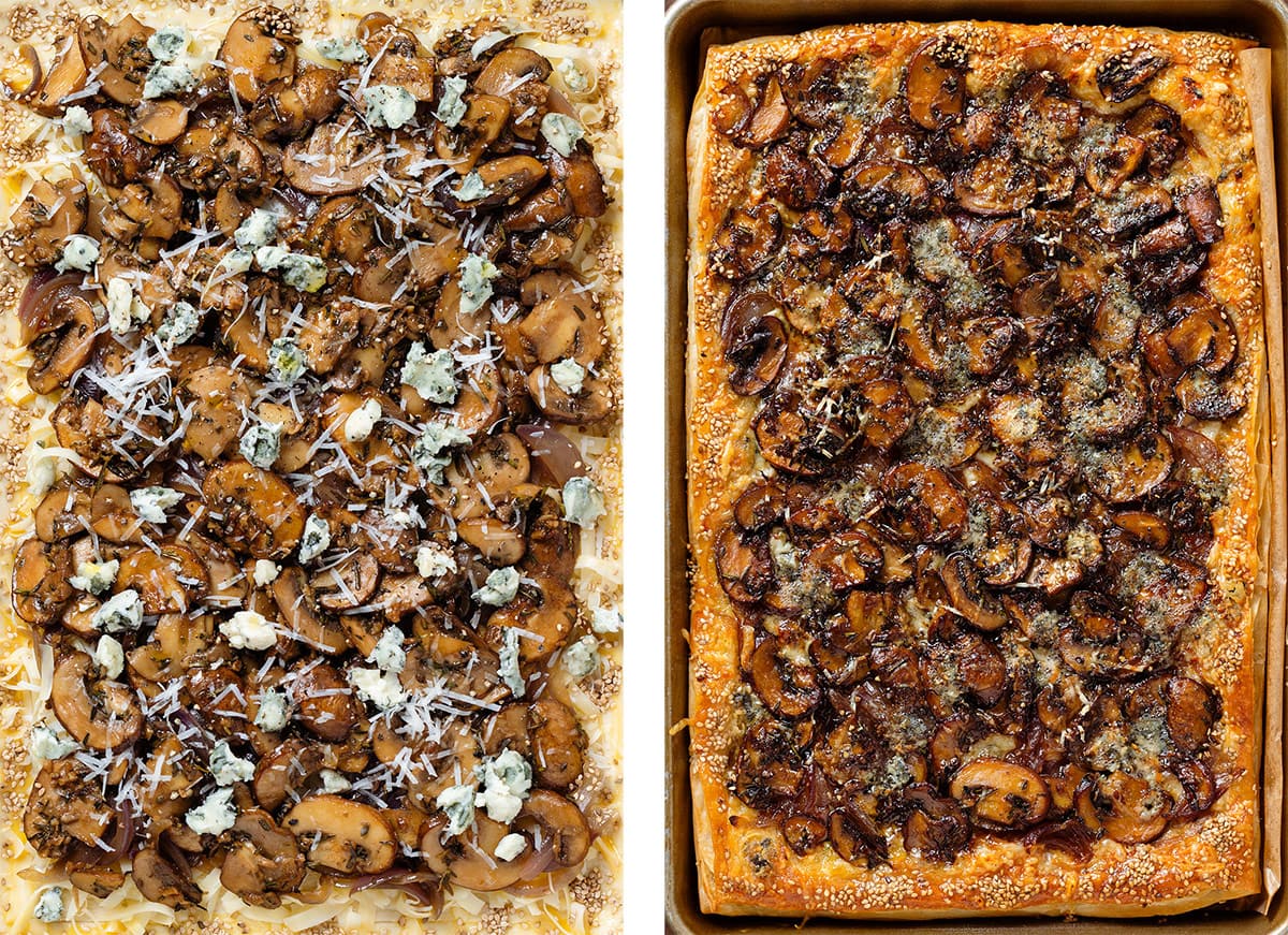 Puff pastry tart with mushroom, cheese, and onion before and after baking.