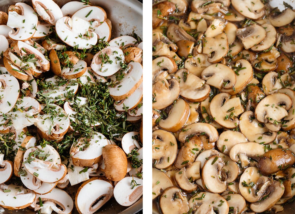 Sliced mushroom cooking in a large skillet with fresh thyme and rosemary.