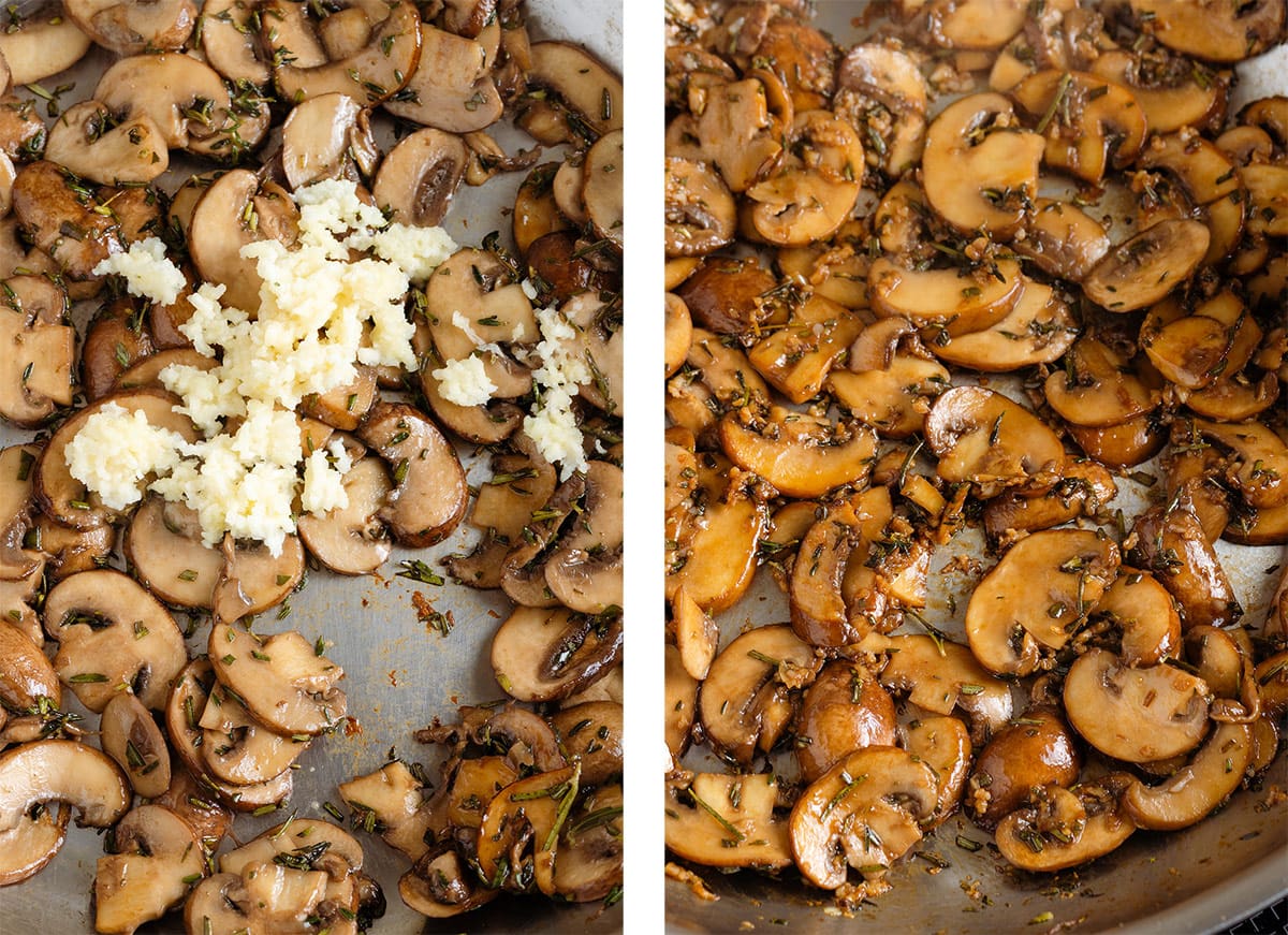 Cooked sliced mushroom cooking with minced garlic.