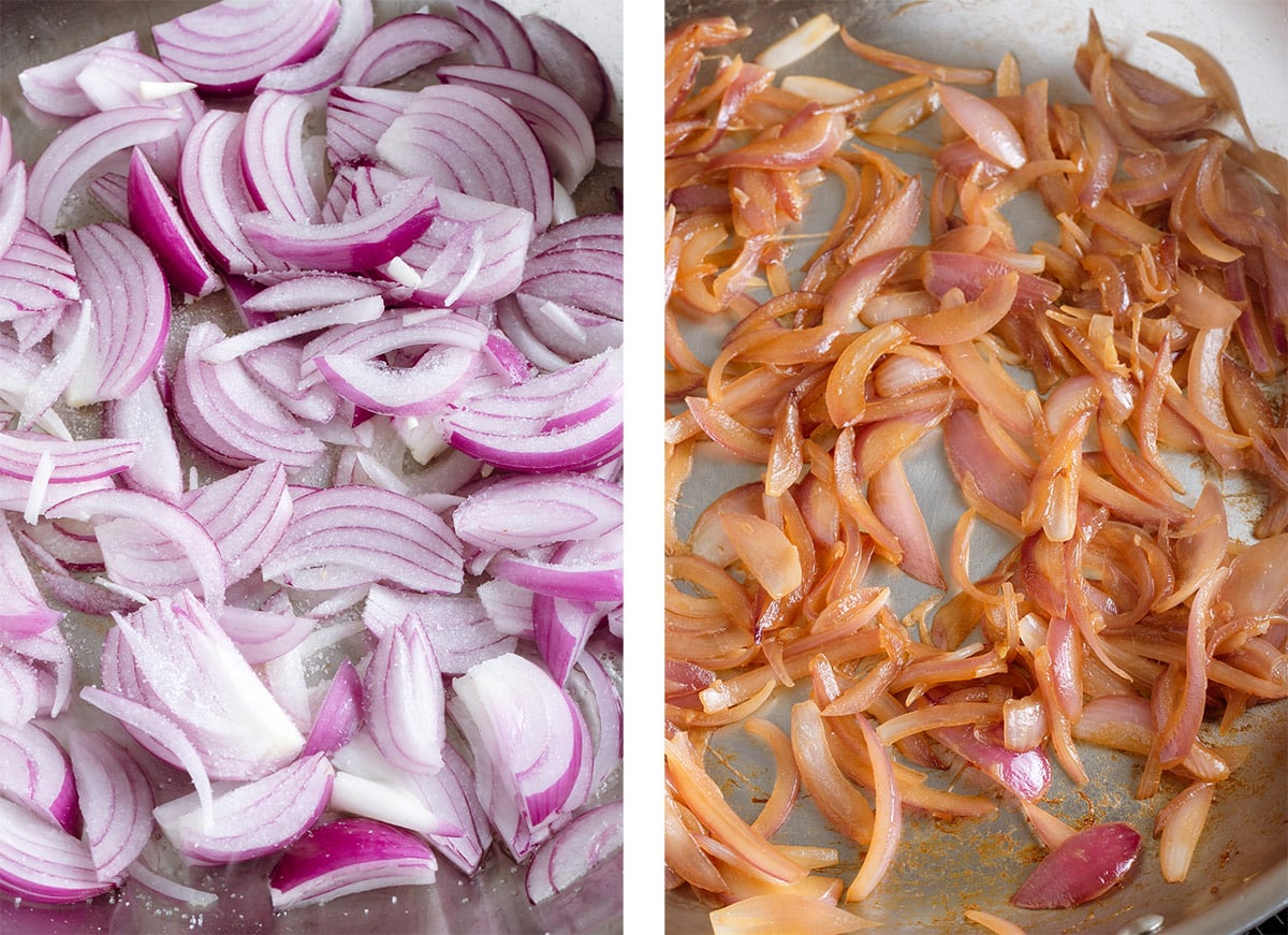 Sliced red onion cooking with oil and salt in a large skillet.