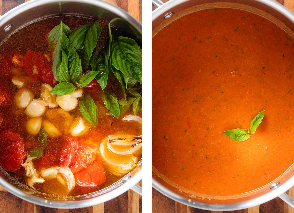 Tomato soup with roasted garlic and basil in a large pot before and after blending.
