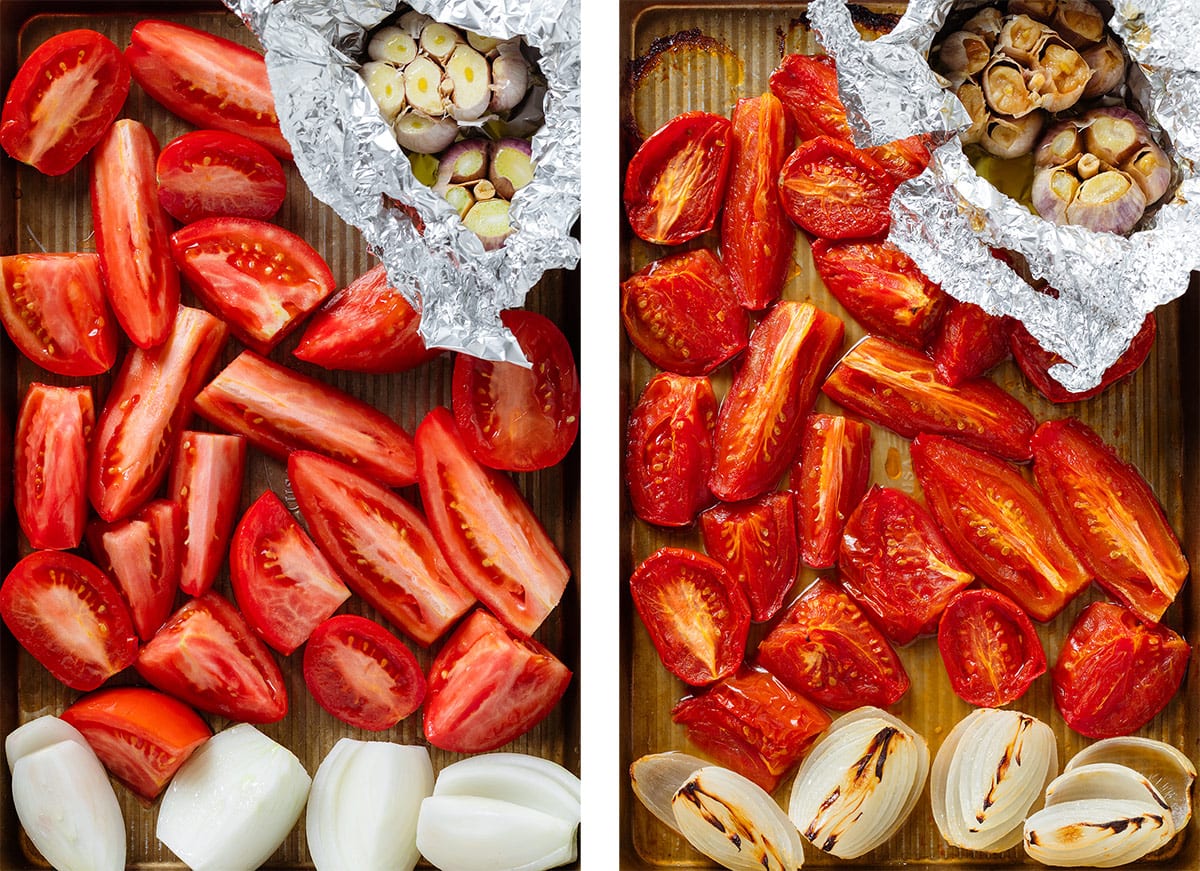 Tomatoes, onion, and garlic before and after roasting.
