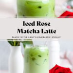 Green matcha latte in a tall glass with a glass straw with red roses around the glass.