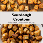 Golden brown sourdough croutons in a white bowl on a wooden background.