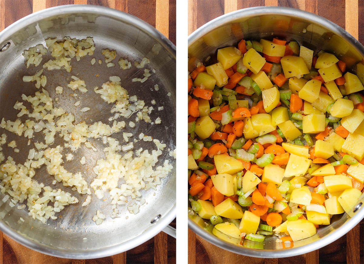 Chopped onion and garlic cooking in a large pot on the left and potatoes, carrots, and celery added on the right.