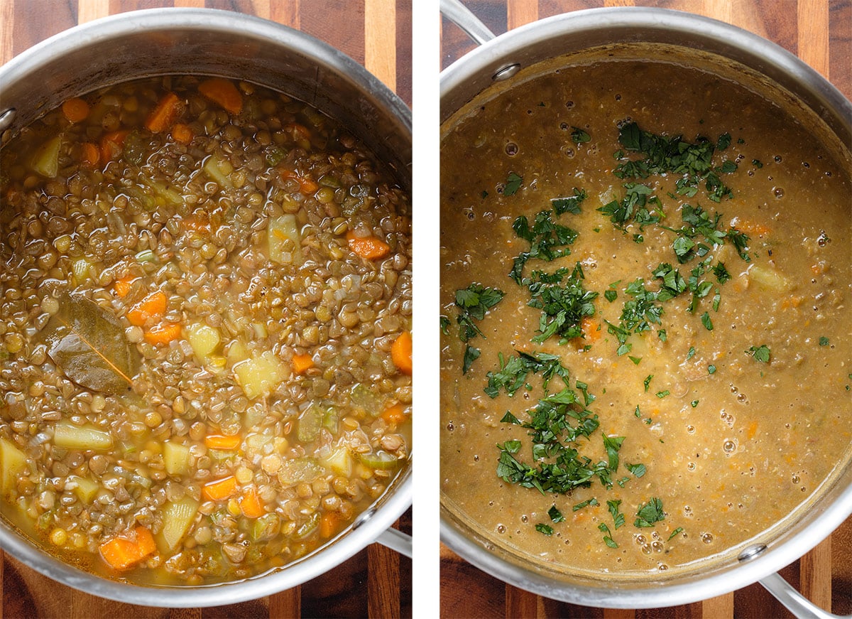 Lentil soup in a large pot before and after blending.