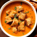 Tomato soup in a white bowl topped with croutons, fresh parsley, and black pepper.