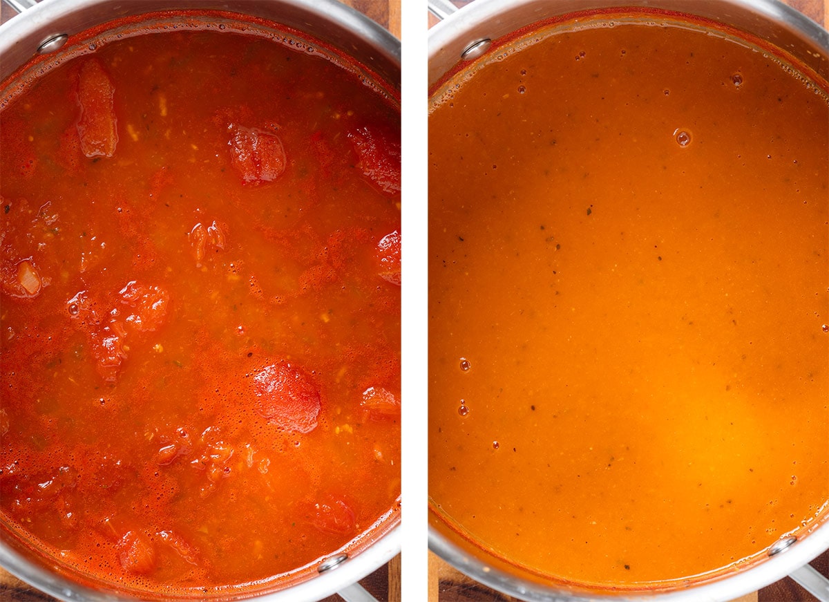 Cooked tomato soup in a large pot before and after blending.