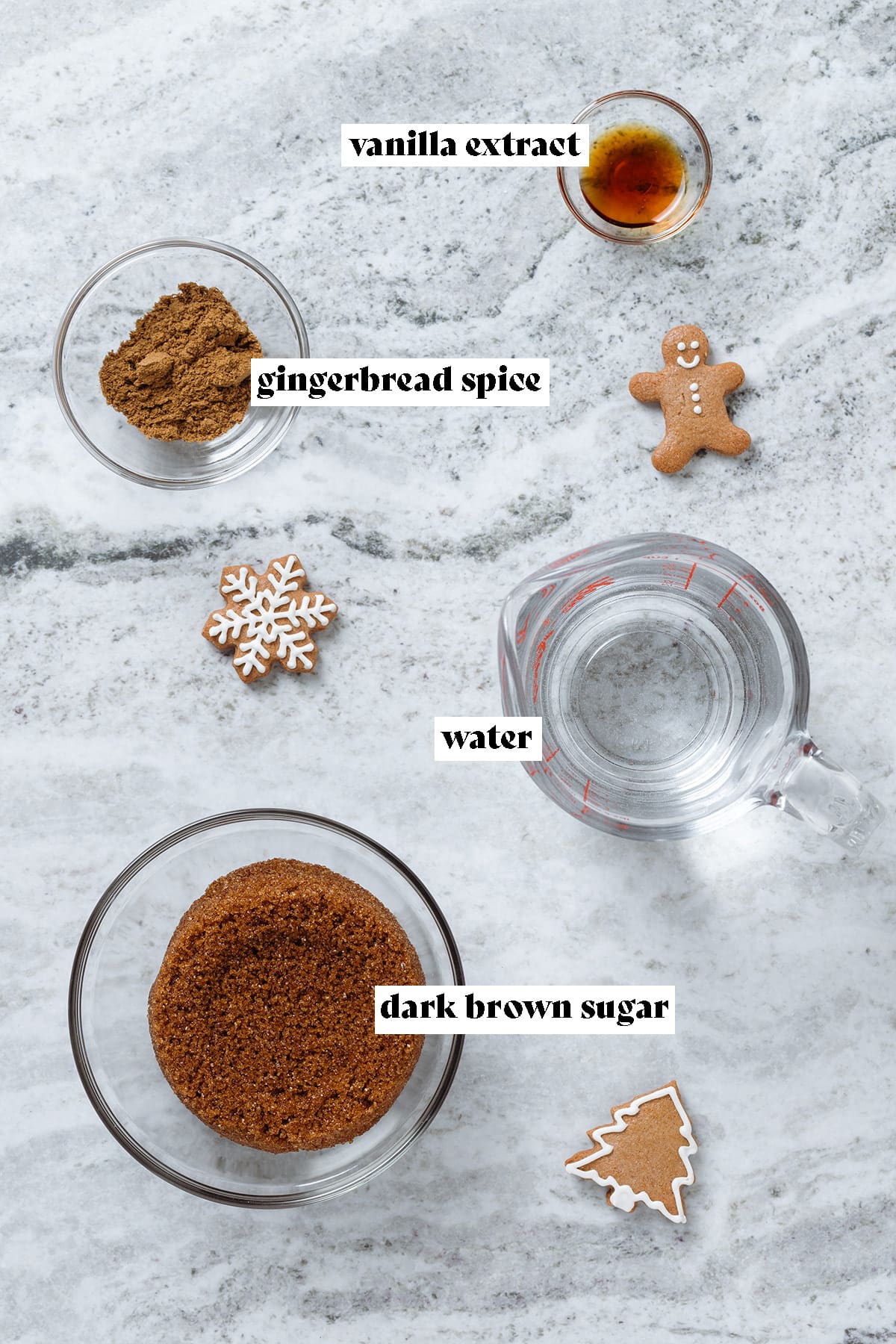 Dark brown sugar, water, vanilla extract, and gingerbread spice all measured out in glass bowls with text overlay.
