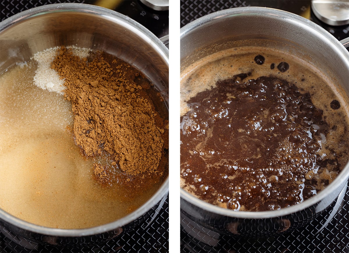 Water, cane sugar, and gingerbread spice simmering in a small pot on the stove.