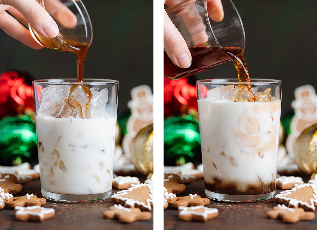 Gingerbread syrup and chai concentrate being poured into a tall glass over milk and ice.