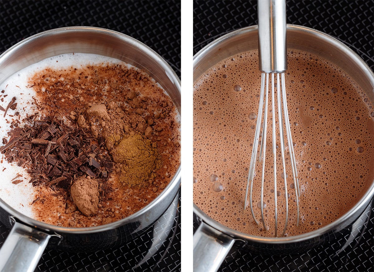 Milk, chocolate, cacao and spices in a saucepan before and after mixing and warming up.