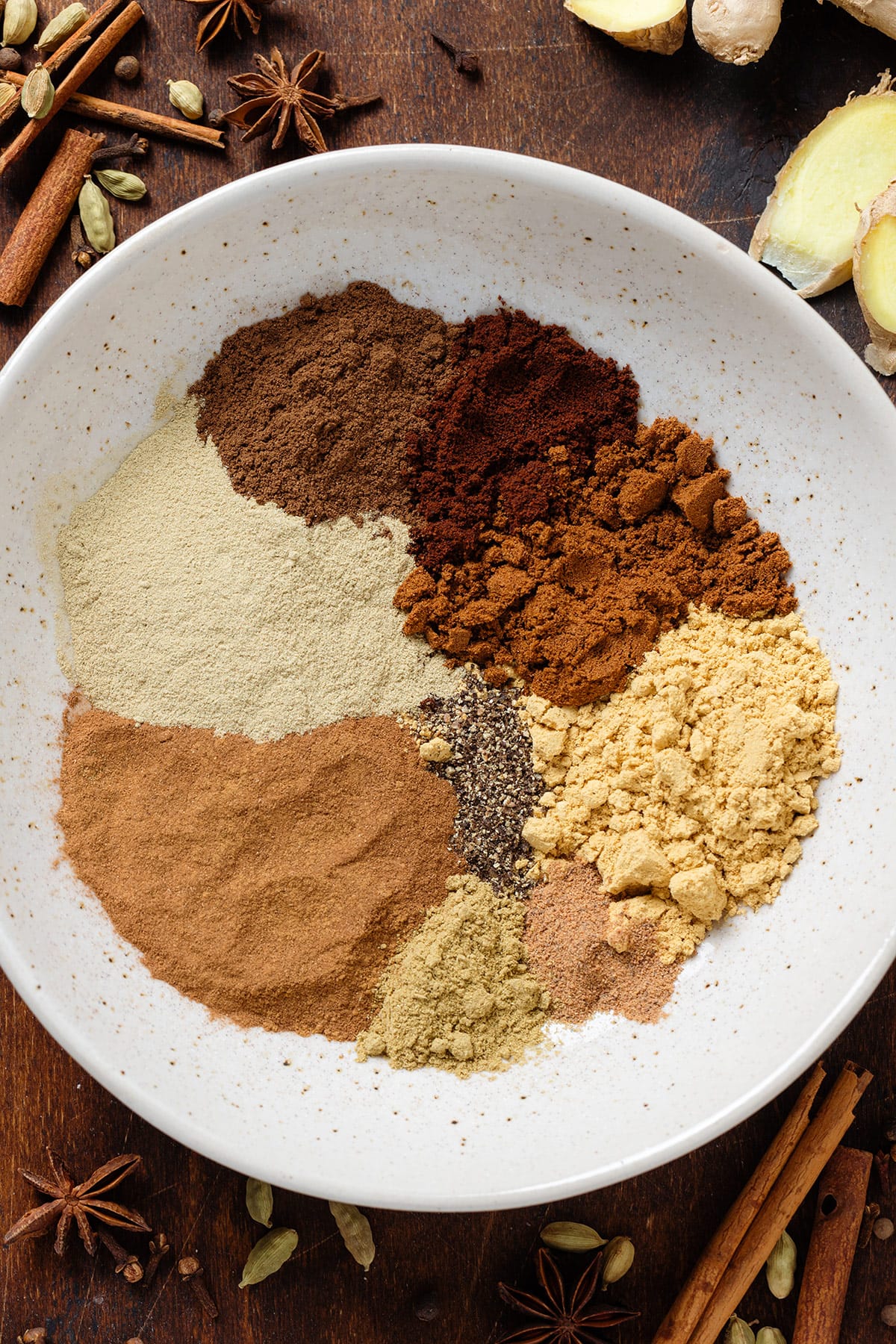 Ground spices measured and neatly laid-out in a beige bowl.